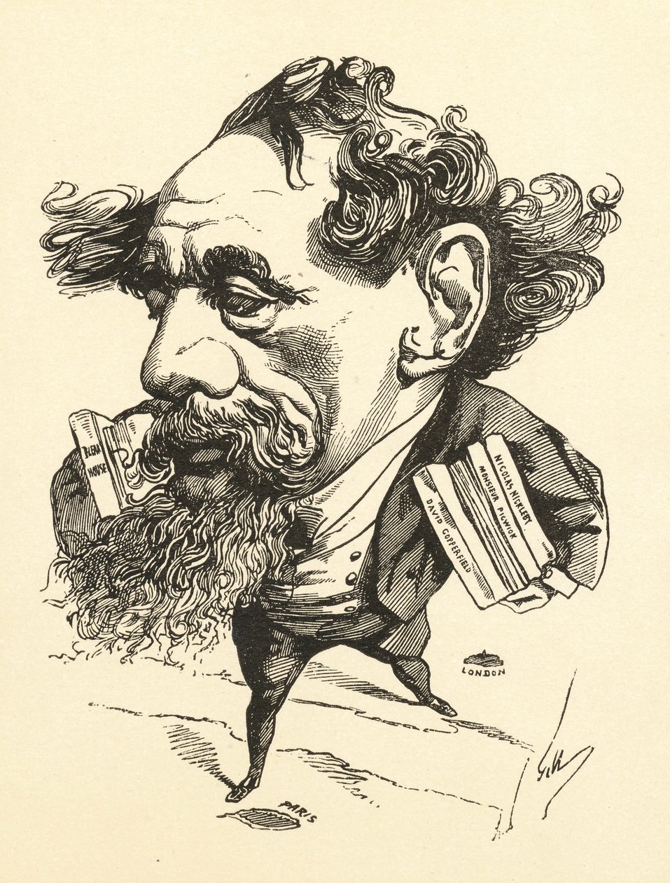 Tecknad serie av Charles Dickens som korsar den engelska kanalen, 1868 av Andre Gill