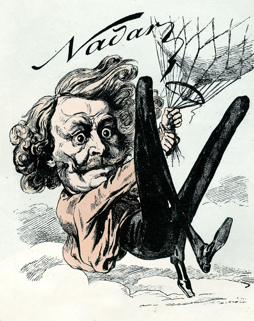 Tecknad film av Felix Nadar, pionjär inom flygbilden 1858, här hängande från hans ballong (gravyr) av Andre Gill