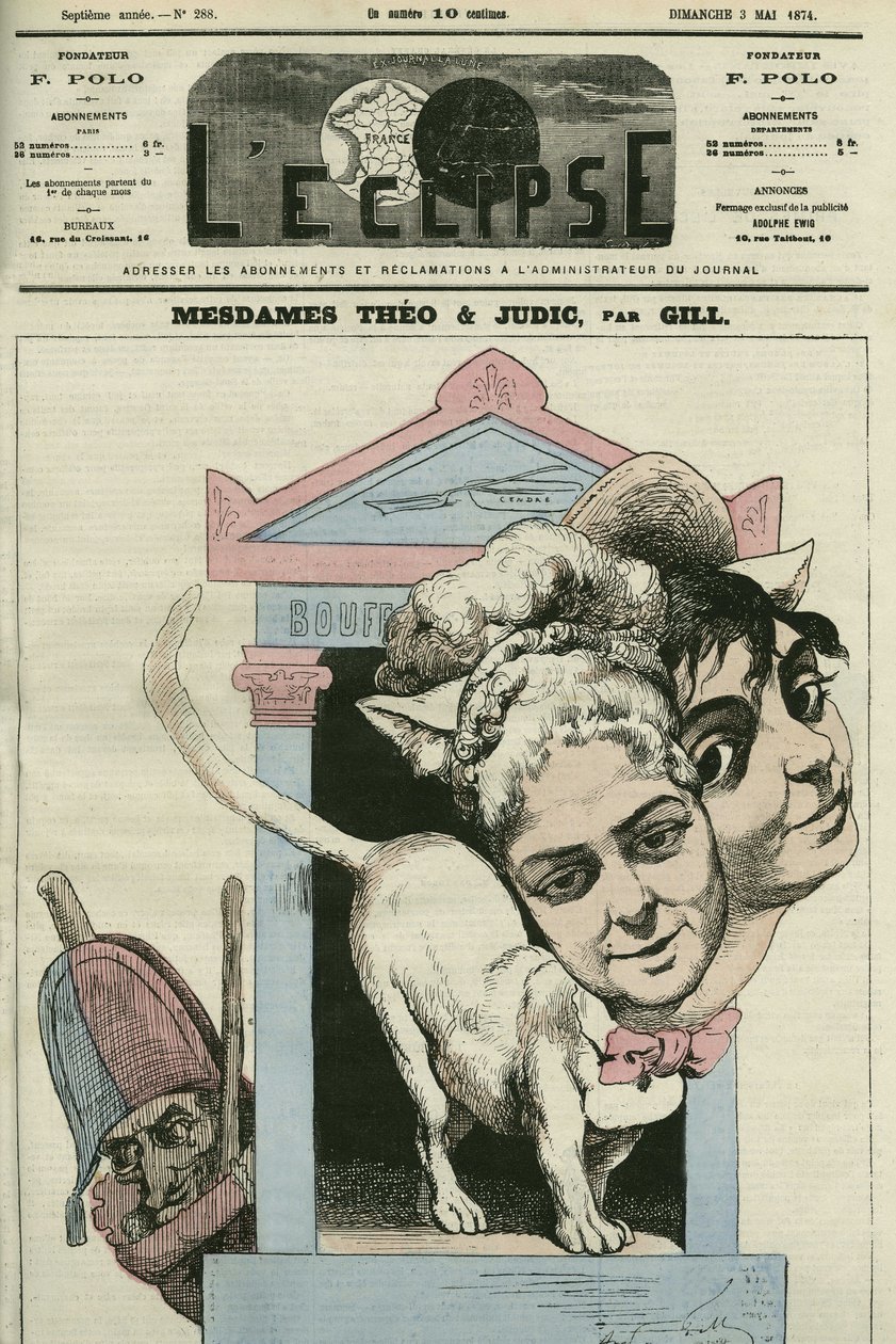 Tecknad serie av damerna Louise Theo och Anna Judic, sångare i en pjäs av Jacques Offenbach (1819-1880), kompositör. Omslag i "" L