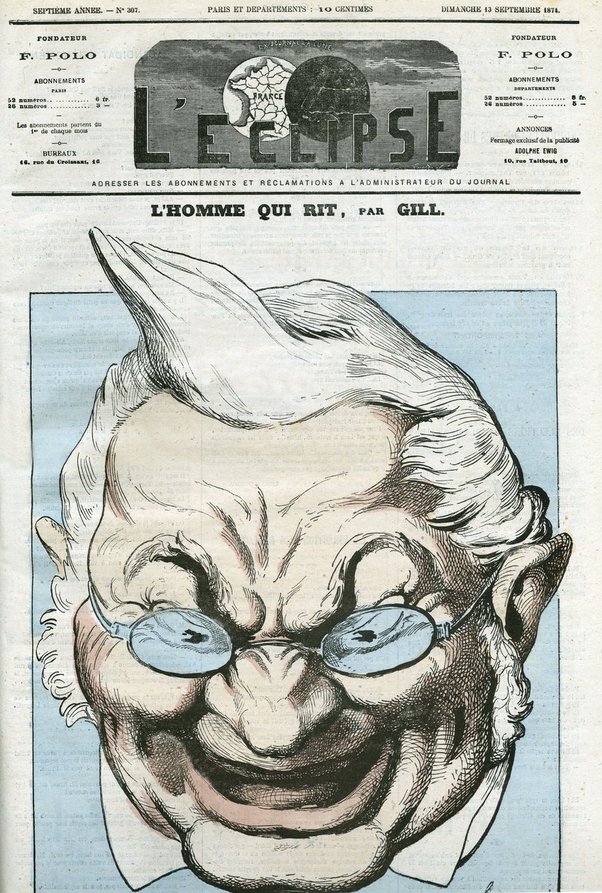 Tecknad film om "" mannen som skrattar"", Adolphe Thiers (1797-1877), fransk politiker. Omslag i "" L