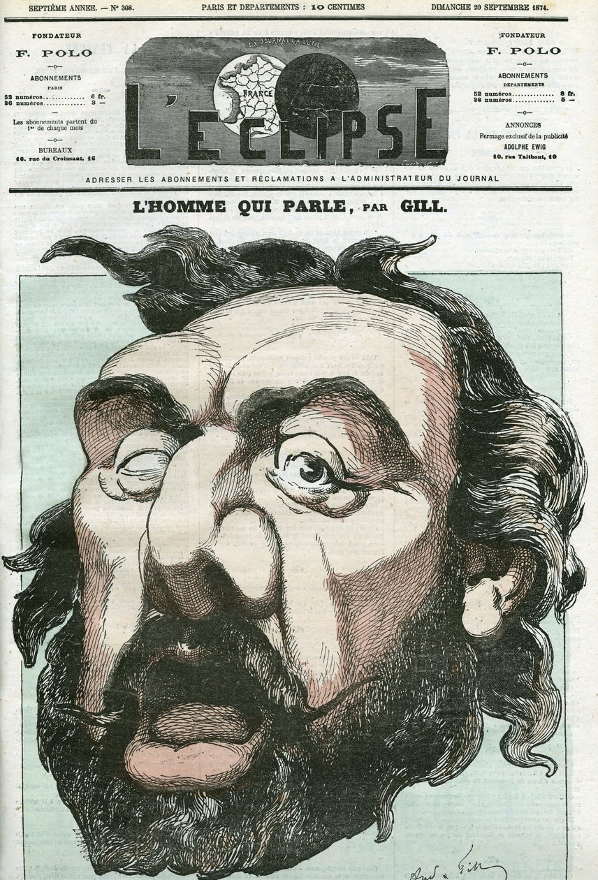 Tecknad film om "mannen som talar", Leon Gambetta (1838-1882), fransk politiker. Omslag i "" L