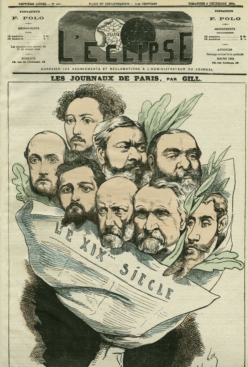 Tecknad serie av teamet för tidningen "" Le XIXe siècle"", regisserad av Edmont About (1828-?), en fransk man av bokstäver. Omslag i "" L