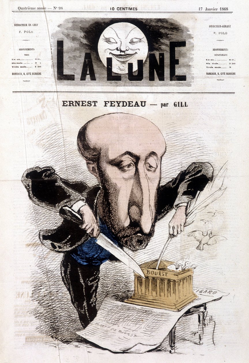 Tecknad film om Ernest Feydeau (1821 - 1873) av Gill - i "" Månen"" av Andre Gill