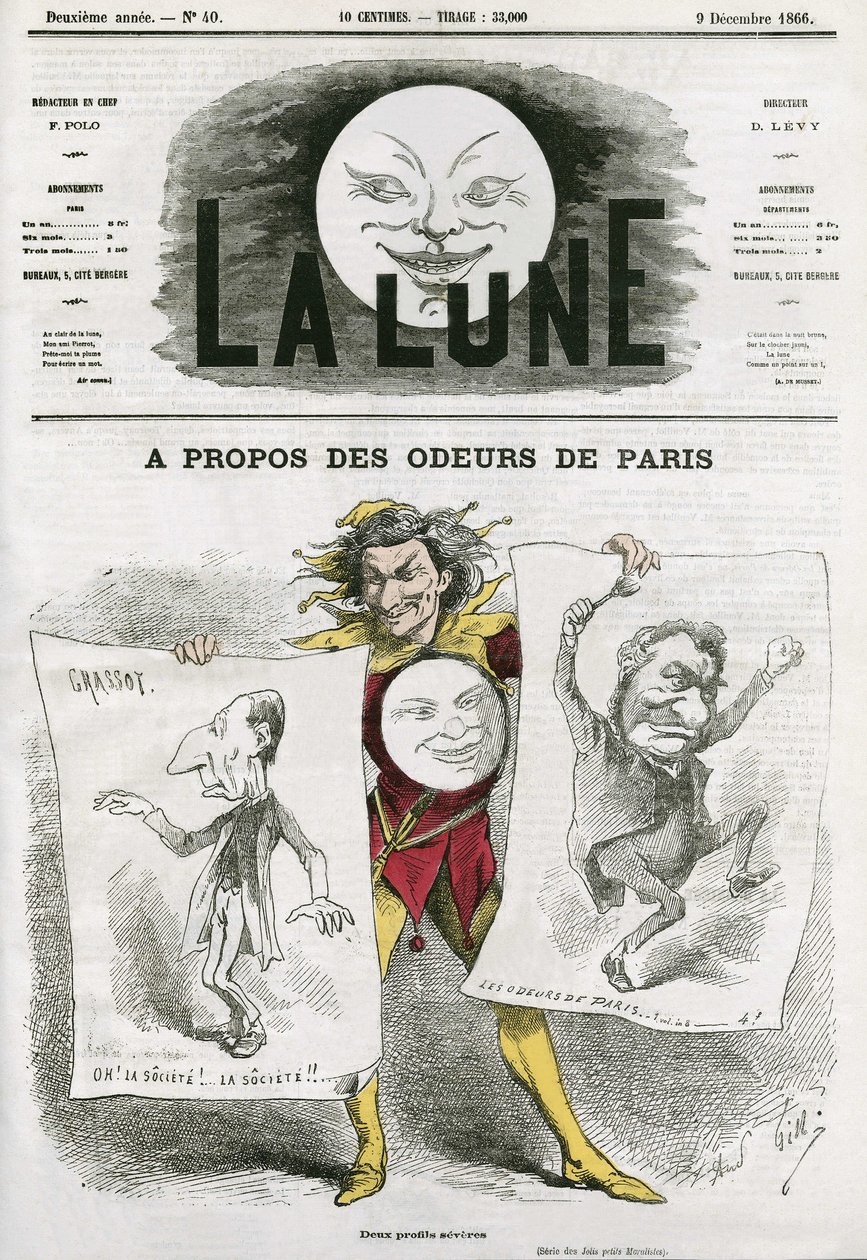 Tecknad på en bok "Les Odeurs de Paris" av Louis Veuillot (1813-1883), fransk författare. Tecknad av Gill, i "The Moon", 9 december av Andre Gill
