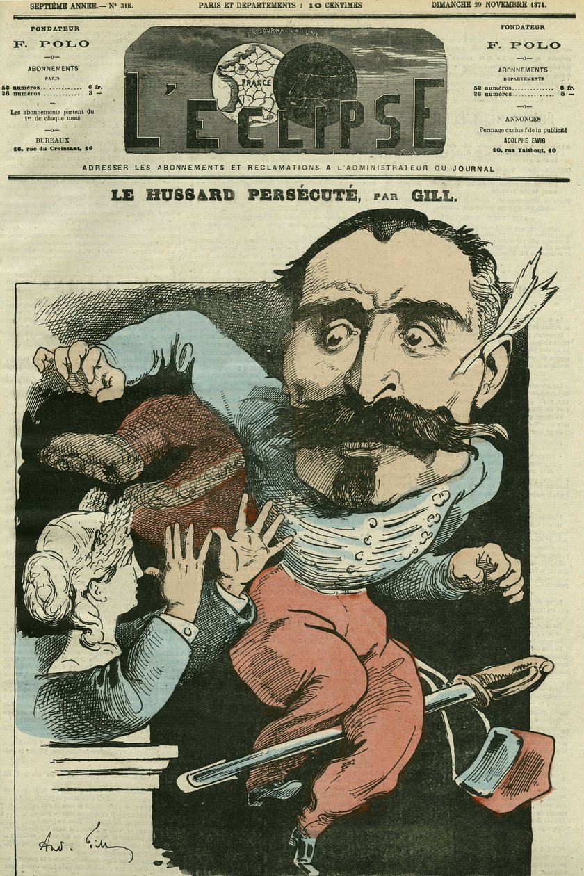 Tecknad "" husaren förföljer (av Marianne som gör sin näsa), Monsieur de Saint-Genest (Saint Genest). Omslag i "" The Eclipse"" av Gill, 29 november av Andre Gill