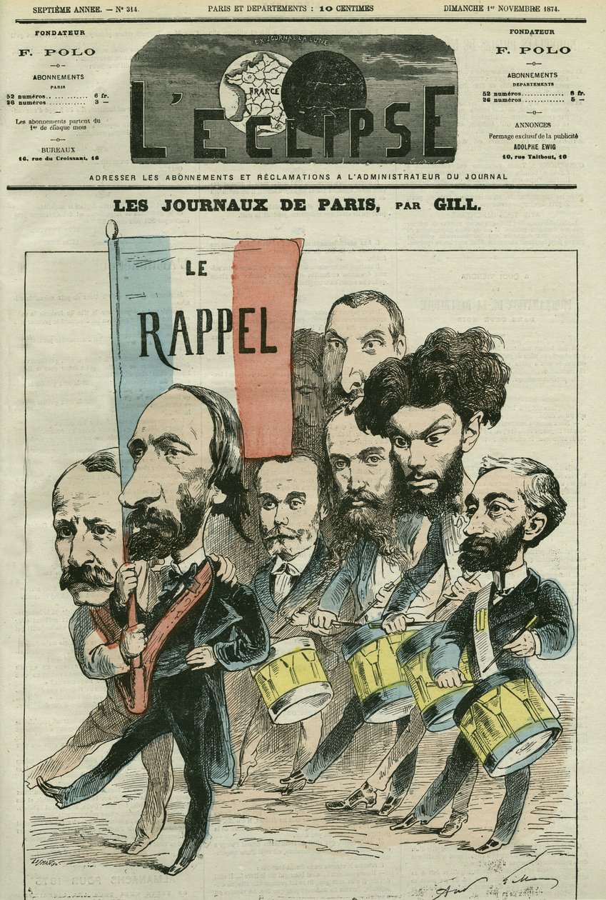 Tecknad ""återkallelsen"" av Republique av tidningarna i Paris, med Paul Meurice (1818-1905), Auguste Vacquerie (1819-1895), Gaulier, Blum, Lefevre, D