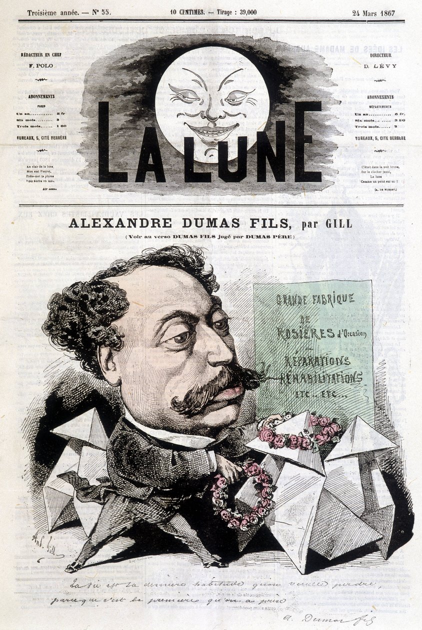 Komisk teckning på Alexandre Dumas Fils av Gill. Omslag "" La Lune"" från 1867-03-24. av Andre Gill