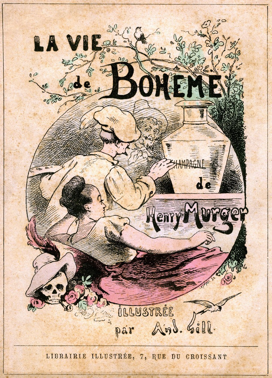 Omslag till boken "The Life of Boheme"" av Henry Murger: målare som målar ordet "" champagne "" på en vas, framför en ung kvinna av Andre Gill