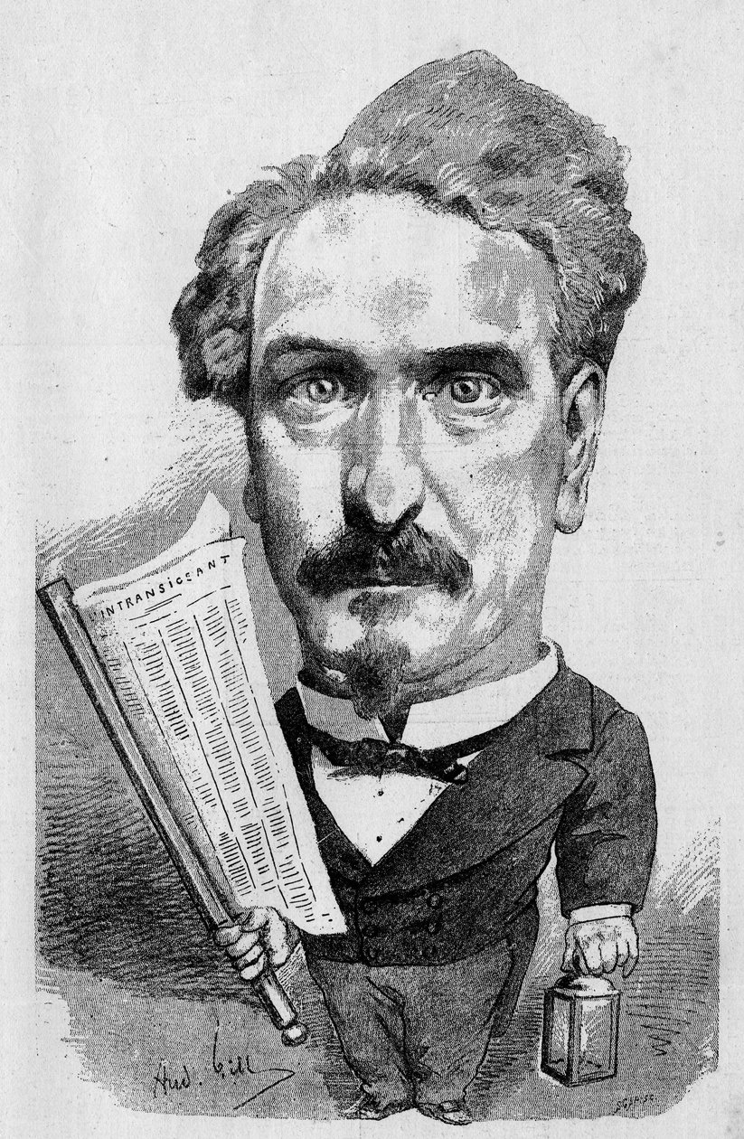 Teckning av Andre Gill som representerar Henri Rochefort (1831-1913), fransk journalist och politiker, i "" The Illustrous World" av Andre Gill