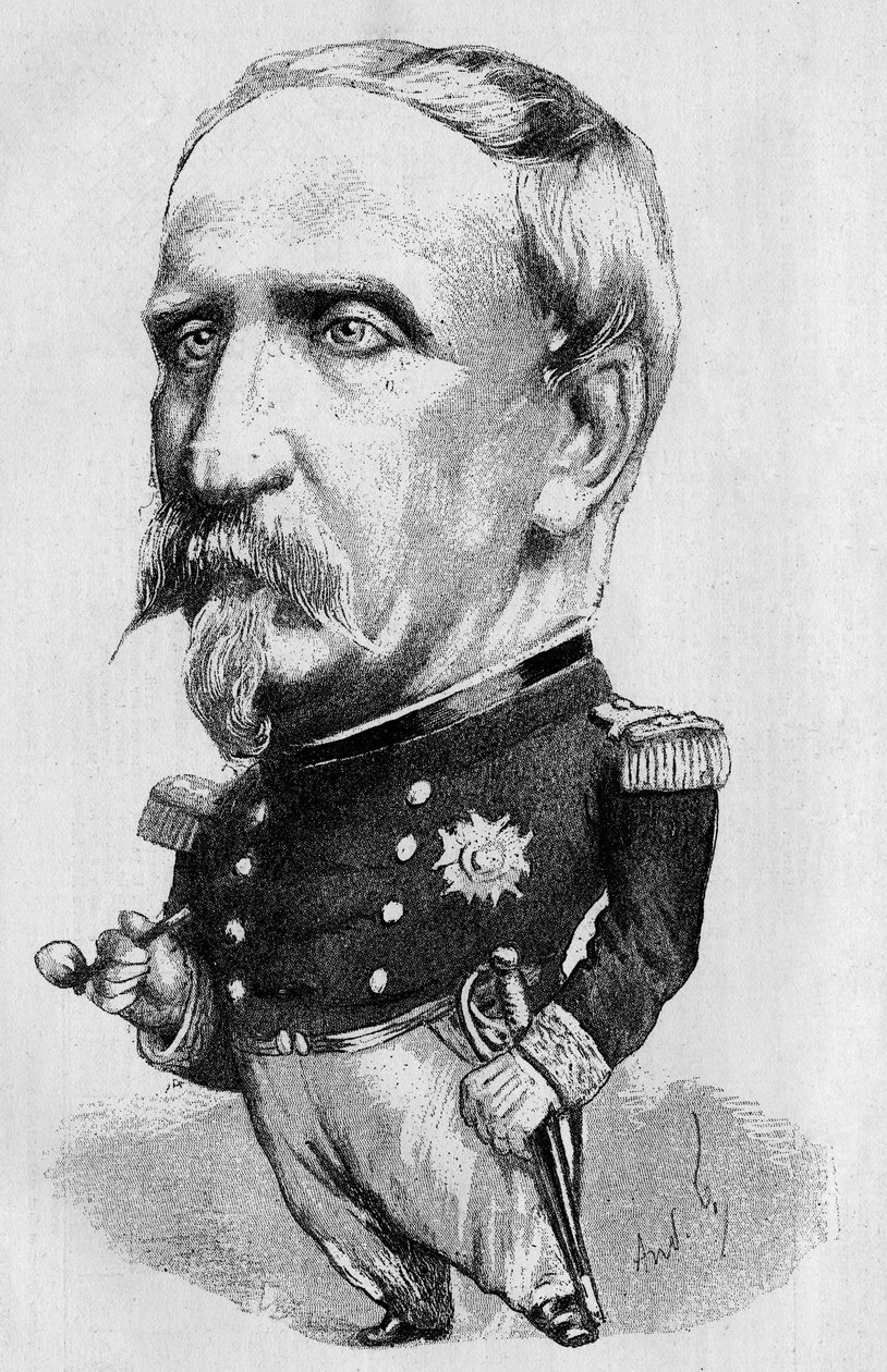 Teckning av Andre Gill som representerar hertigen av Aumale (1822-1897), fransk politiker och historiker, ledamot av Franska Akademien. Gravyr i ""The Illustrous World"" 1885 av Andre Gill