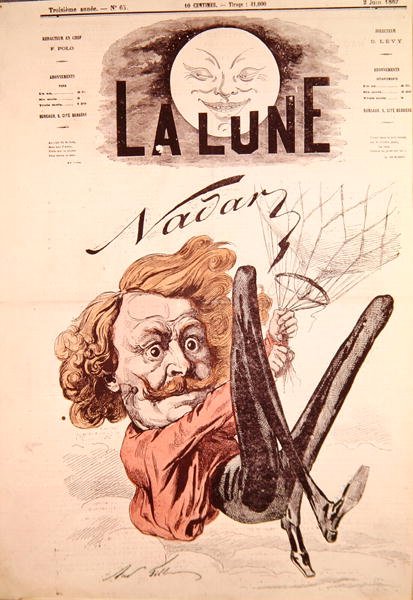 Främre omslaget till tidningen "La Lune" som visar Nadar (1820-1910), 2 juni 1867 (lito i färg) av Andre Gill