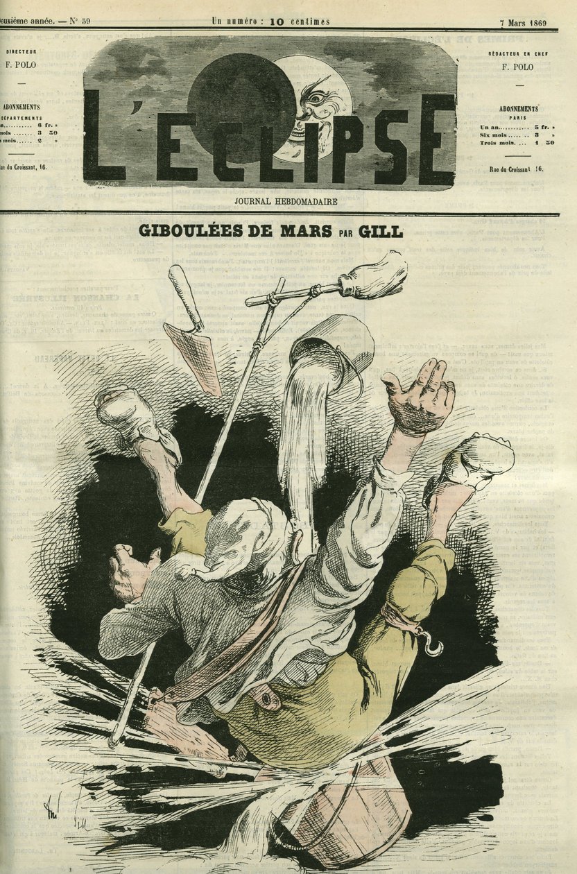 Giboulees de mars, illustration av en man som faller i en hink. Omslag i "" L