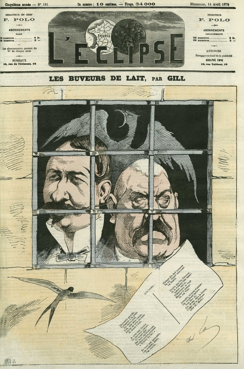 Hippolyte de Villemessant (1810-1879), grundare av Le Figaro och Francis Magnard (1837-1894), journalist och senior medarbetare till Villemessant. Tidningen kommer att raderas under Kommunen och läggas om under Thiers. Omslag i "" L