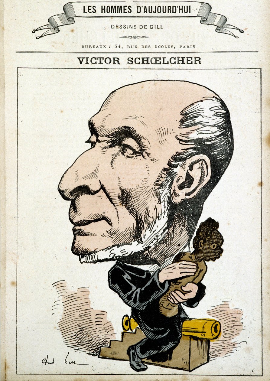 Humoristisk teckning på Victor Schoelcher och slaveriets avskaffande - av Gill, i "The Men of Today"" av Andre Gill