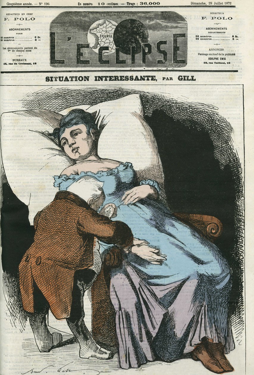 Illustration av republiken som snart står i skuld till Preussen, Adolphe Thiers (1797-1877), republikens president tar pulsen. Omslag i "" L