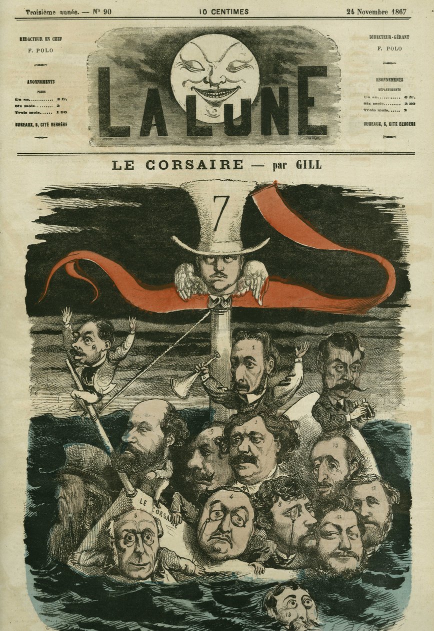 Illustration av tidningen "" Le Corsaire"" och dess kolumnister. Tecknad av Gill, i "La Lune", 24 november av Andre Gill