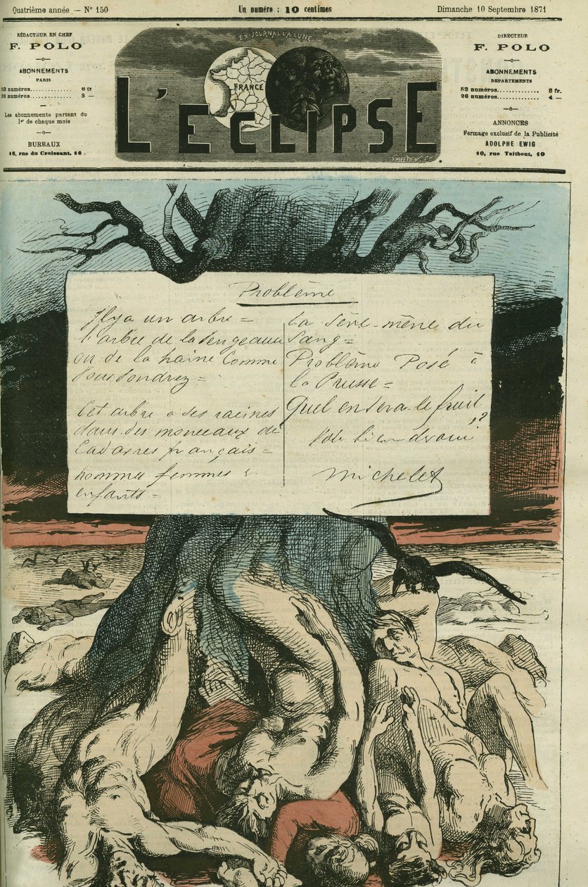 Jules Michelet (1798-1874), en fransk historiker, var våldsamt emot kriget 1870 och landets inlösen. Omslag i "" L