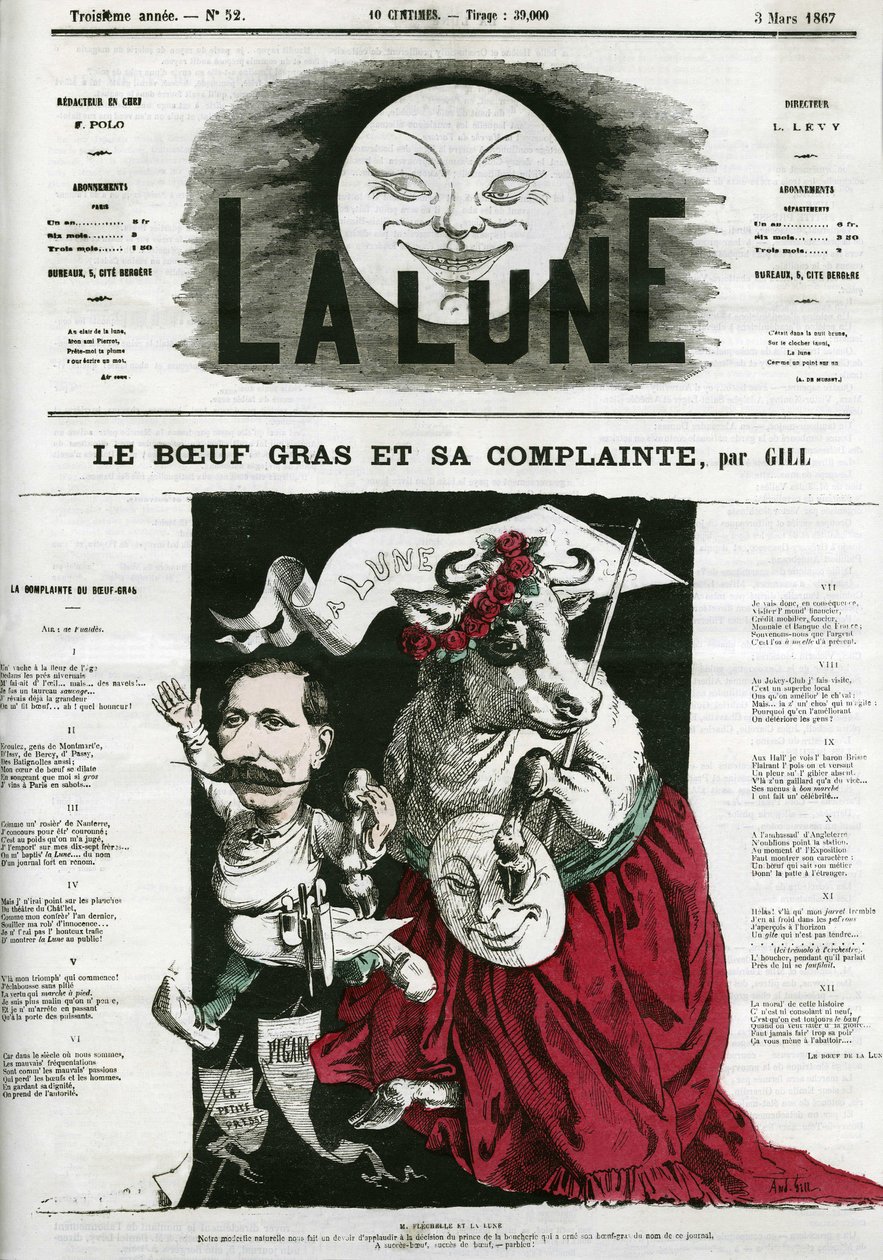Le Boeuf gras et sa lament, illustration av en sång. Tecknad av Gill, i "La Lune", 3 mars av Andre Gill