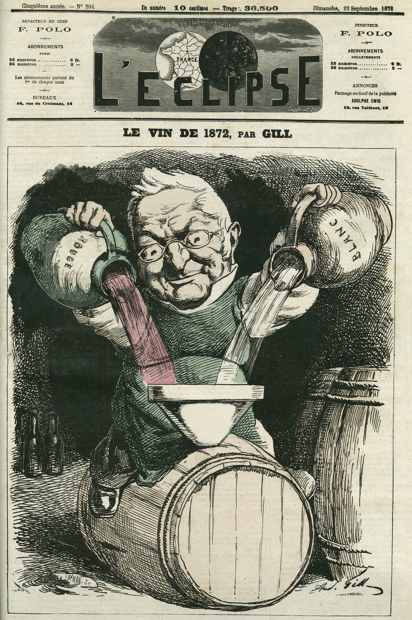 Le vin de 1872, illustration av Adolphe Thiers som blandar vitt och rött vin (1797-1877), fransk historiker och statsman. Omslag i "" L