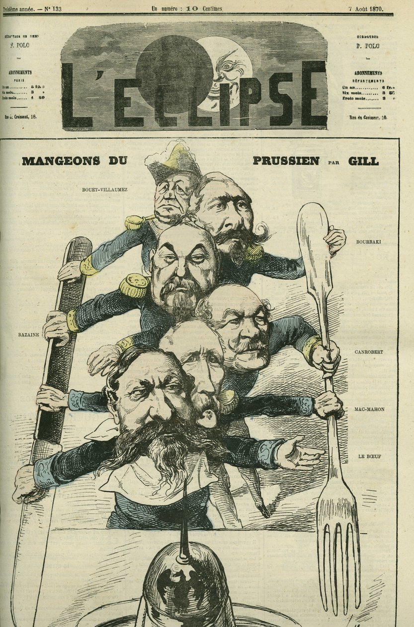 Låt oss äta preussiskt med generalerna Le Boeuf (1806-1893), Mac-Mahon (1808-1893), Francois Achille Bazaine (Francois-Achille) av Andre Gill