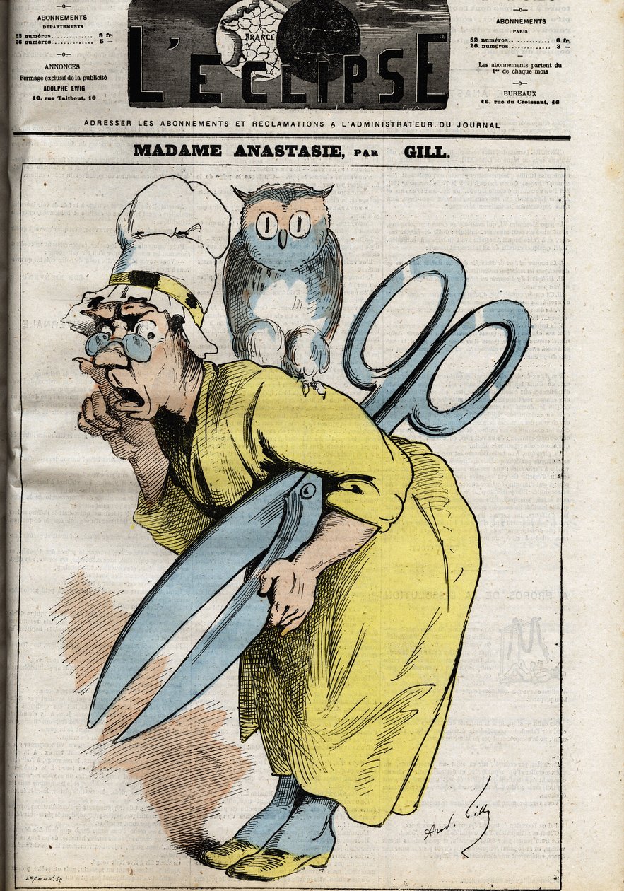 Madame Anastasia med censurens sax Anastasia symboliserar censur av press och publicering och tar förmodligen sitt namn från påven Anastasius I, som förbjuder vissa böcker som inte motsvarar kristen kosmologi. Illustration av Andre av Andre Gill