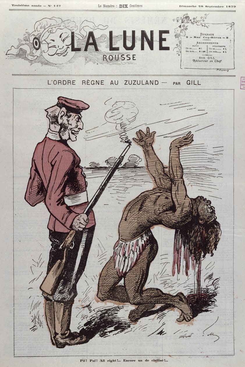 "Order Reigns in Zuzuland", karikatyr av den engelska koloniseringen av Sydafrika från "La Lune Rousse", 1879. av Andre Gill