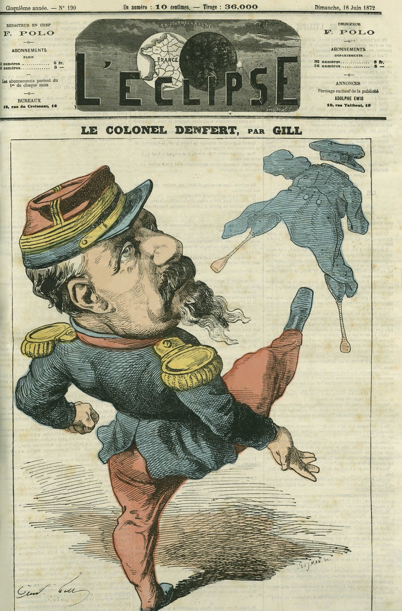 Pierre Philippe Denfert-Rochereau (Denfert Rochereau) (1823-1878), fransk soldat och politiker. Omslag i "" The Eclipse"" av Gill, 16 juni av Andre Gill