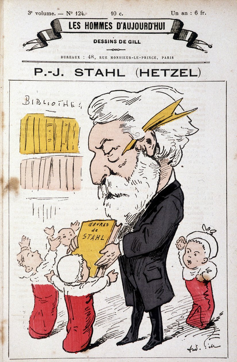 Porträttladdning av Pierre Jules Hetzel som erbjuder Stahls verk (hans pseudonym) till småbarn, ""The Men of Today"", n.d. sent 19:e. av Andre Gill