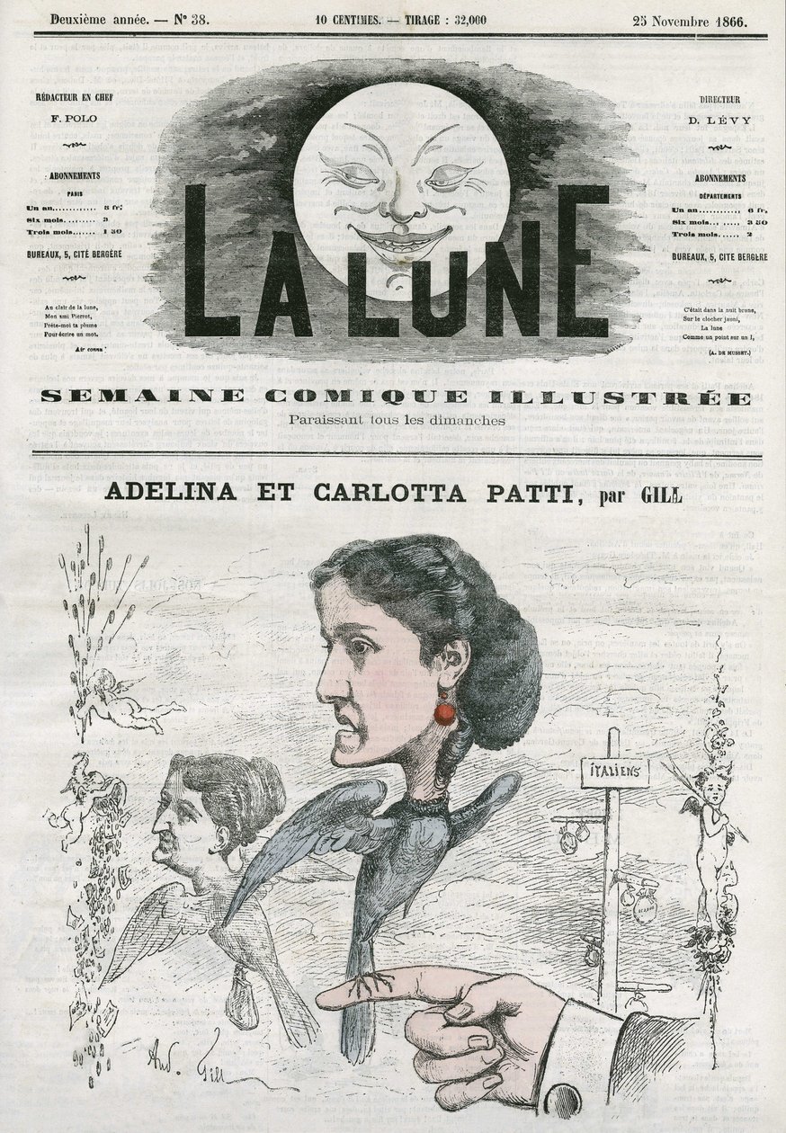 Porträtt av Adelina (1843-1919) och Carlotta Patti (1835-1889), italienska operasångare. Tecknad av Gill, i "Månen", 25 november av Andre Gill