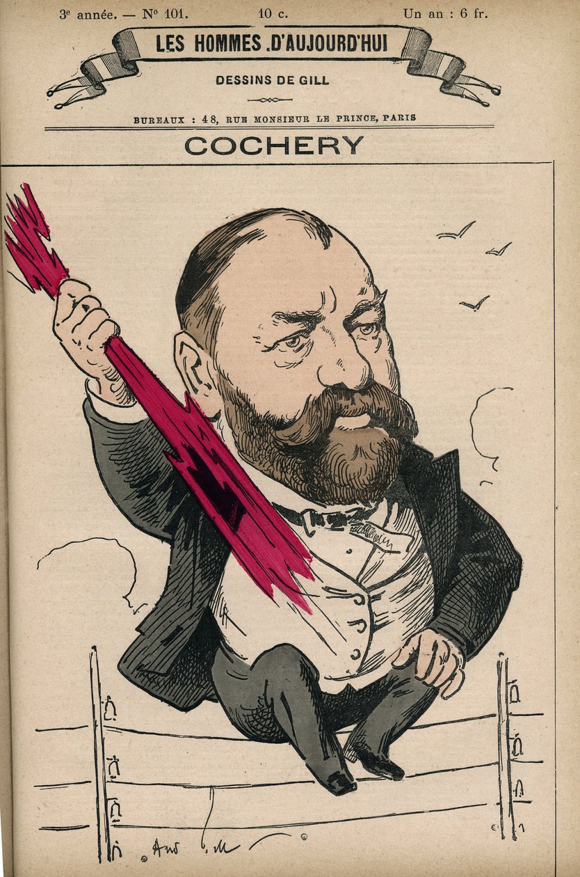 Porträtt av Adolphe Cochery (1819-1900), en fransk advokat och politiker, han var grundaren av Ecole Superieure de Telegraphie (den nuvarande Ecole Nationale Superieure des Telecommunications). Tecknad av Gill, Paris. av Andre Gill