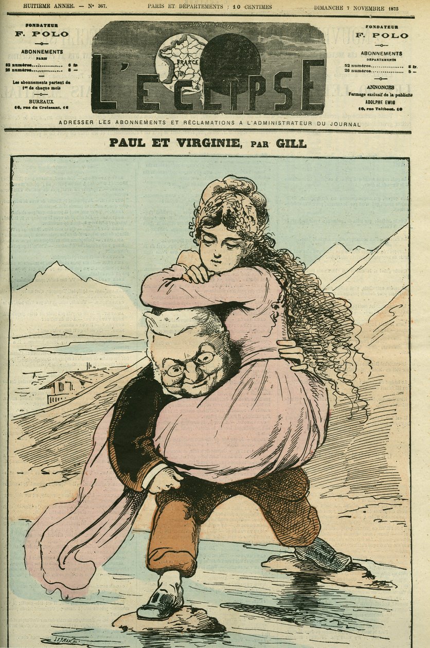Porträtt av Adolphe Thiers (1797-1877), fransk historiker och politiker, representerad i "Paul et Virginie" (Republiken). Omslag i "" L