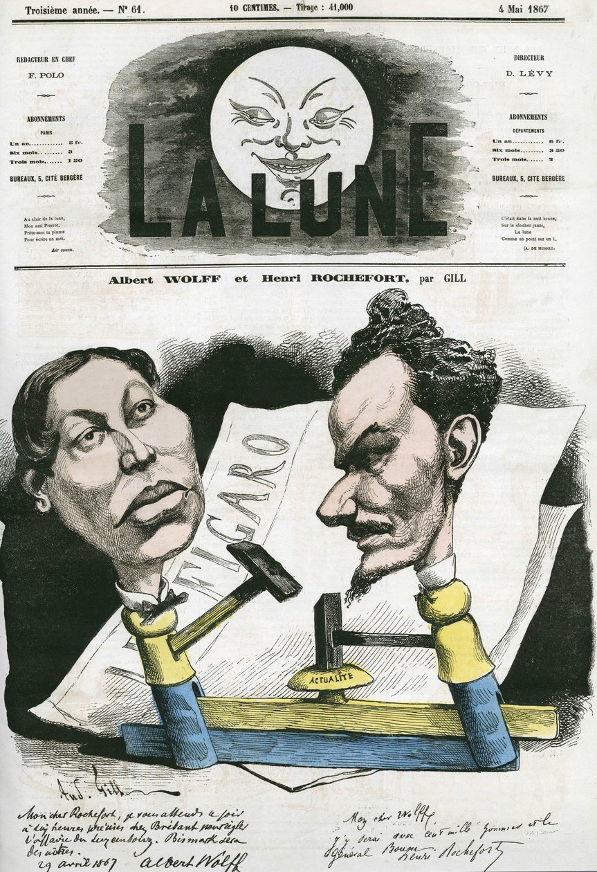 Porträtt av Albert Wolff och Henri Rochefort (1831-1913), fransk journalist och politiker. Tecknad av Gill, i "The Moon", 4 maj av Andre Gill