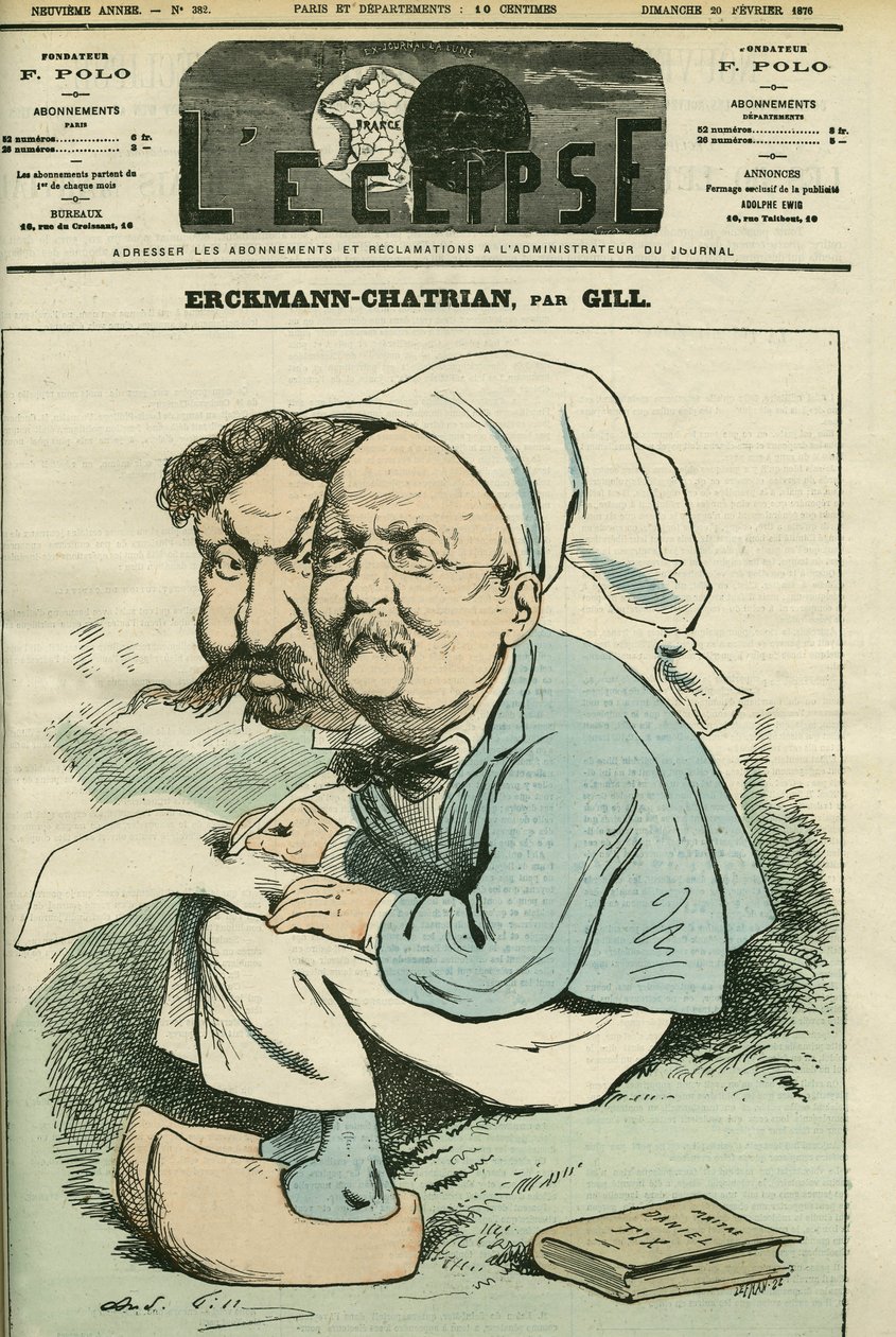 Porträtt av Alexandre Chatrian (1826-1890) och Emile Erckmann (1822-1899), känd som Erckmann-Chatrian, duo av franska romanförfattare. Omslag i "" L