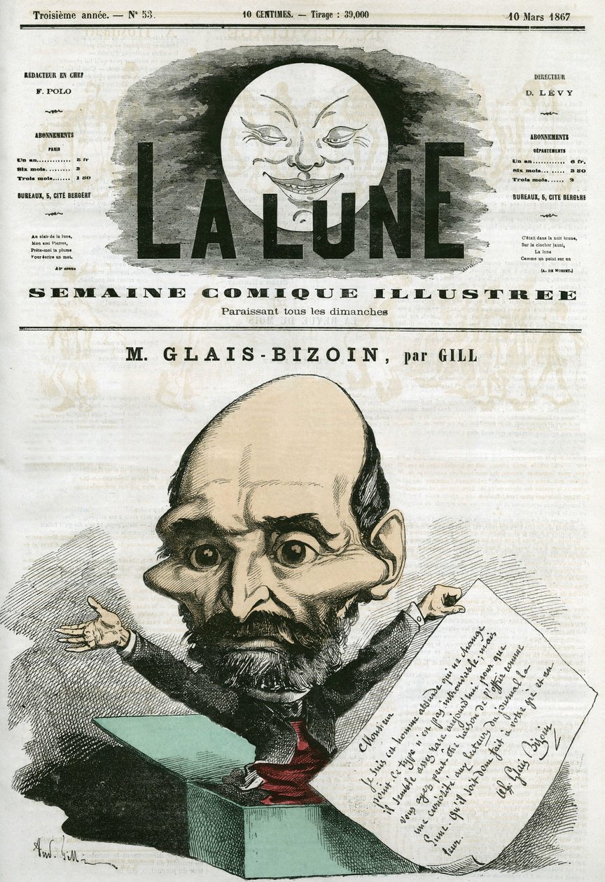 Porträtt av Alexandre Glais-Bizoin (1800-1877), fransk politiker och grundare av tidningen "La Tribune". Tecknad av Gill, i "La Lune", 10 mars av Andre Gill
