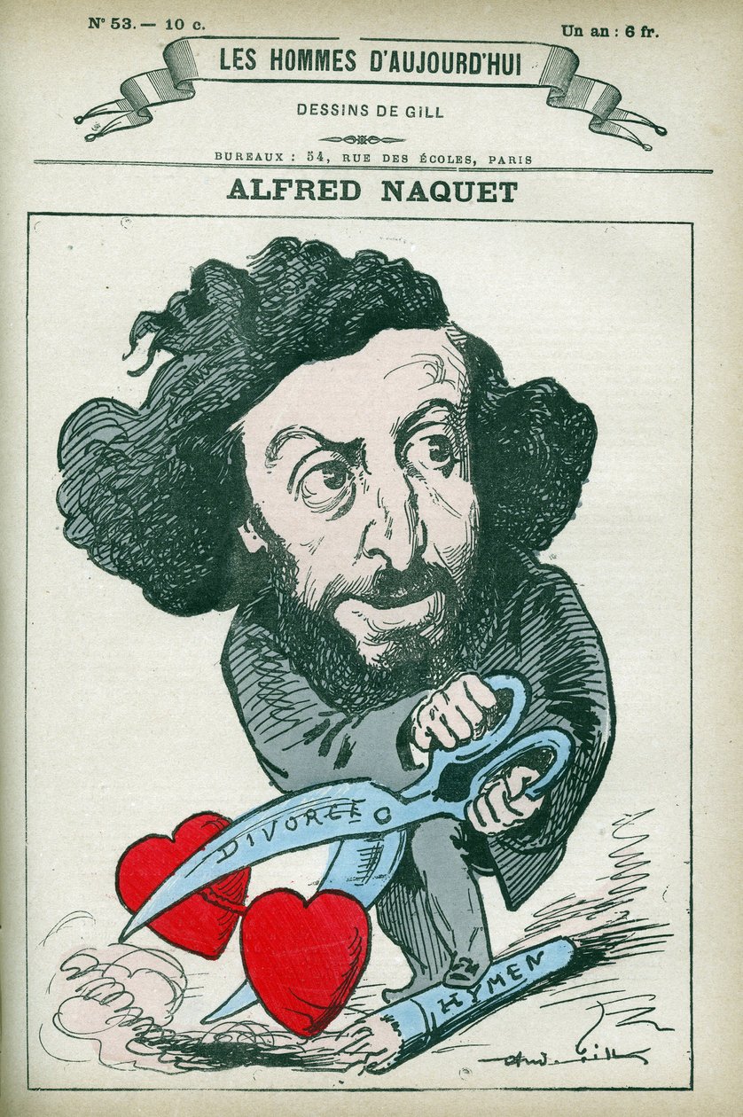 Porträtt av Alfred Naquet (1834-1916), en fransk läkare, kemist och politiker, återupprättade han lagen som tillåter skilsmässa 1884. Tecknad av Gill, Paris. av Andre Gill