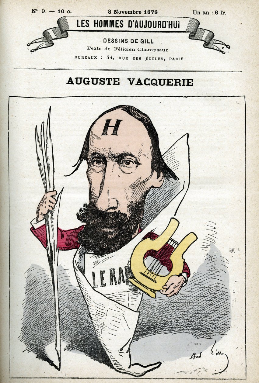 Porträtt av Auguste Vacquerie (1819-1895), fransk poet, dramatiker och journalist. Tecknad av Gill, Paris. av Andre Gill