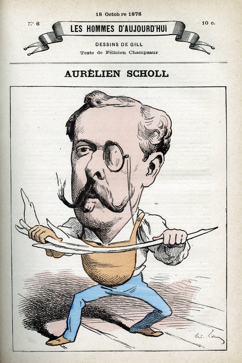 Porträtt av Aurelien Scholl (1833-1902), fransk journalist, författare och komiker. Tecknad av Gill, Paris. av Andre Gill