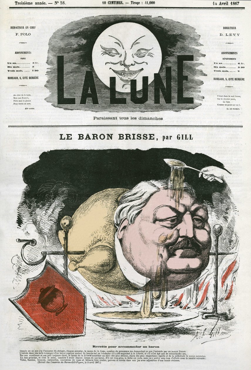 Porträtt av baron Brisse (1813-1876), fransk gastronomisk journalist. Tecknad av Gill, i "Månen", 14 april av Andre Gill