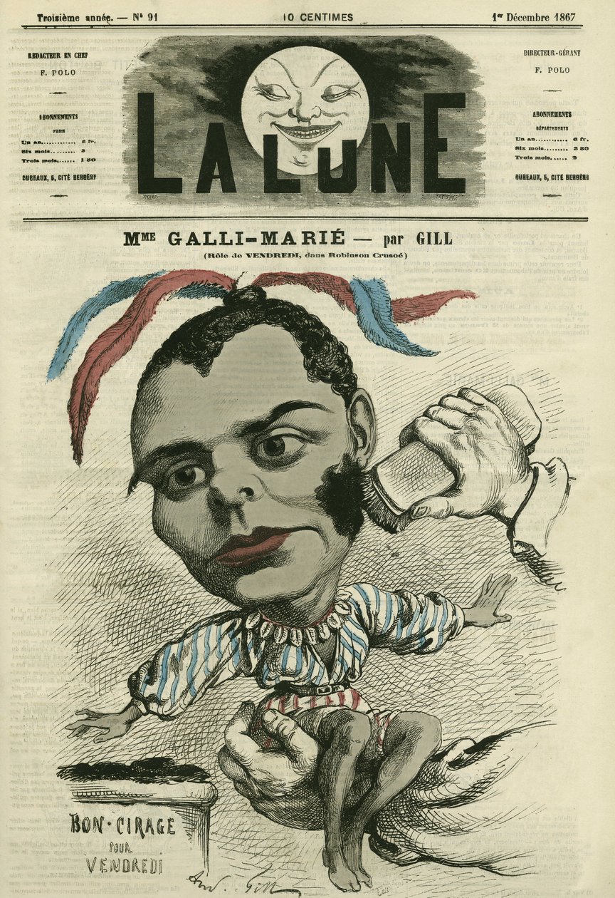 Porträtt av Celestine Galli-Marie (Galli Marie) (1840-1905), fransk sångerska för Opera-Comique. Tecknad av Gill, i "La Lune", 1 december av Andre Gill