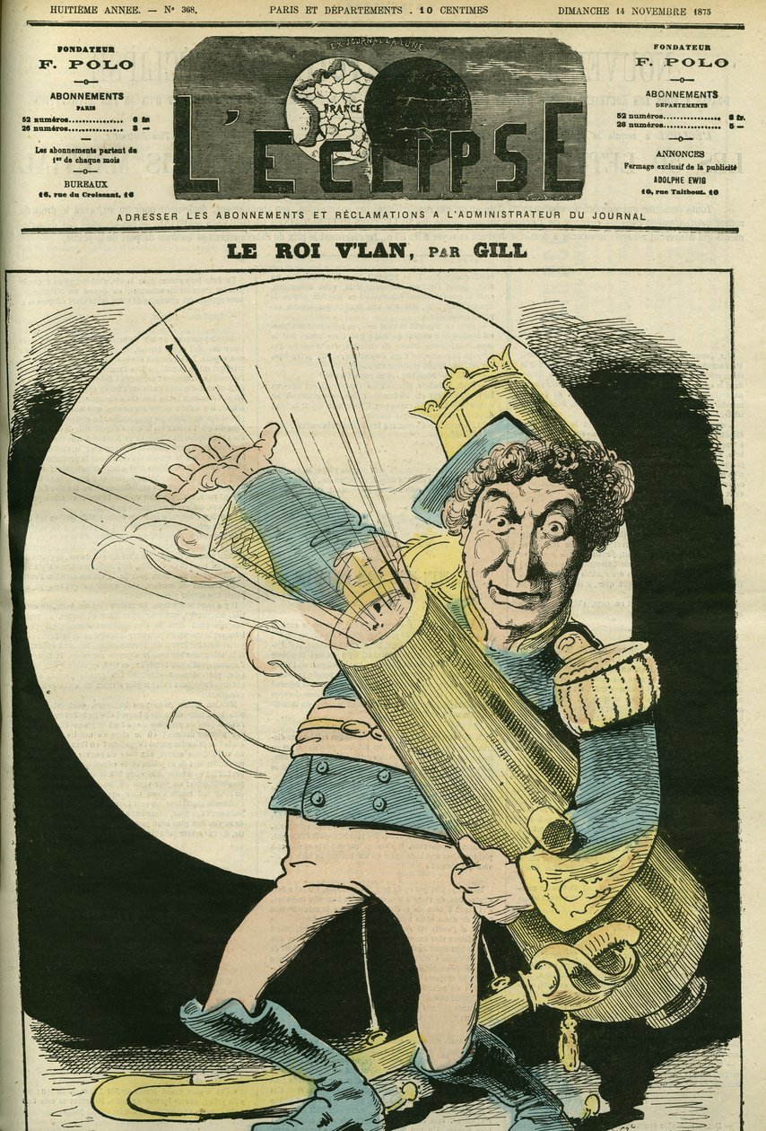 Porträtt av Christian (1821-1889), fransk sångare, i rollen som kung Vlan i pjäsen "" Le voyage dans la lune" av Jacques Offenbach. Omslag i "" L