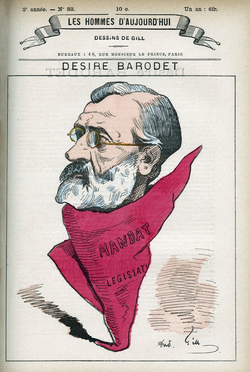 Porträtt av Desire Barodet (1823-1906), en fransk lärare och politiker, han var Senator på Seine från 1896 till 1900. Tecknad av Gill, Paris. av Andre Gill
