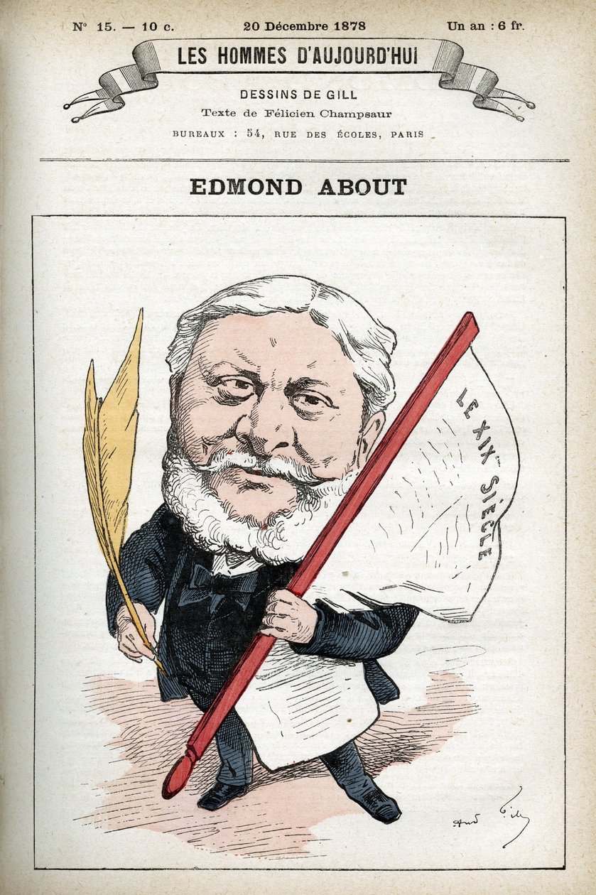 Porträtt av Edmond About (1828-1885), fransk romanförfattare, dramatiker och konstkritiker. Tecknad av Gill, Paris. av Andre Gill