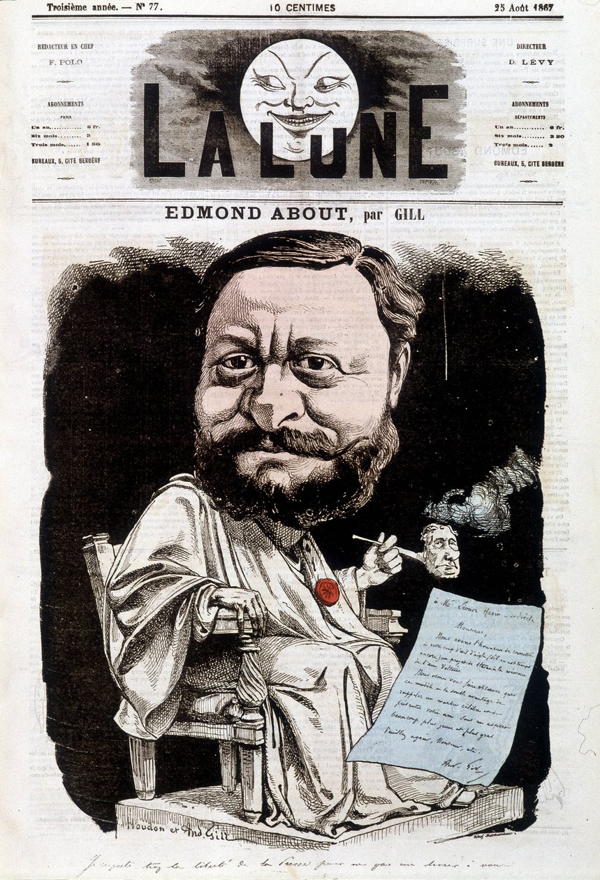 Porträtt av Edmond About, fransk författare (1828-1885). I La lune, 1867-08-25. Karikatyr av Gill. av Andre Gill