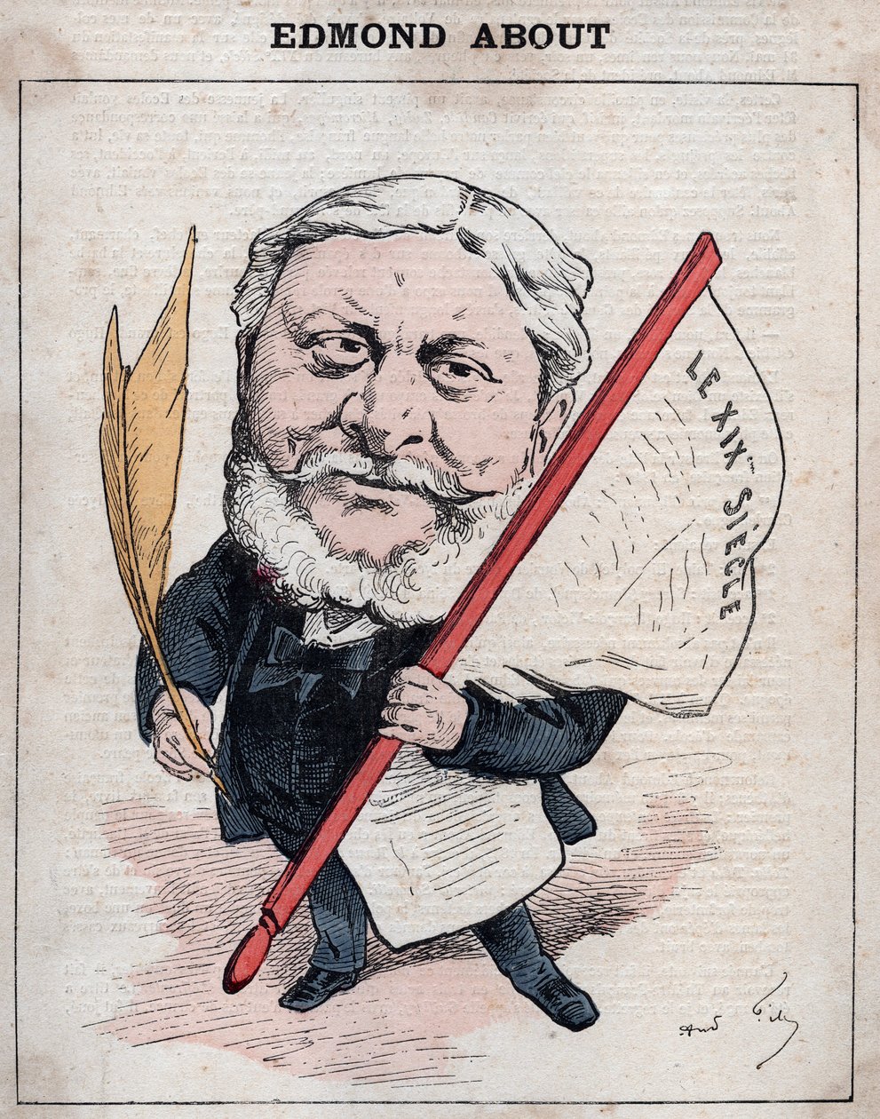 Porträtt av Edmond Francois Valentin About (1828-1885) fransk författare, journalist och konstkritiker Karikatyr av Andre Gill, i "Les Hommes d