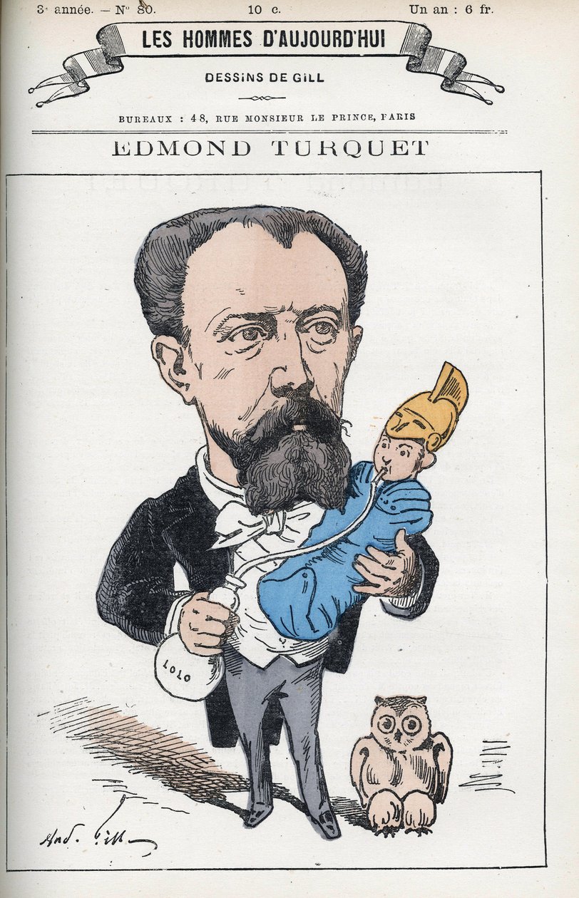 Porträtt av Edmond Henri Turquet (1836-1914), en fransk politiker, han var deputerad av Aisne från 1871 till 1889. Tecknad av Gill, Paris. av Andre Gill