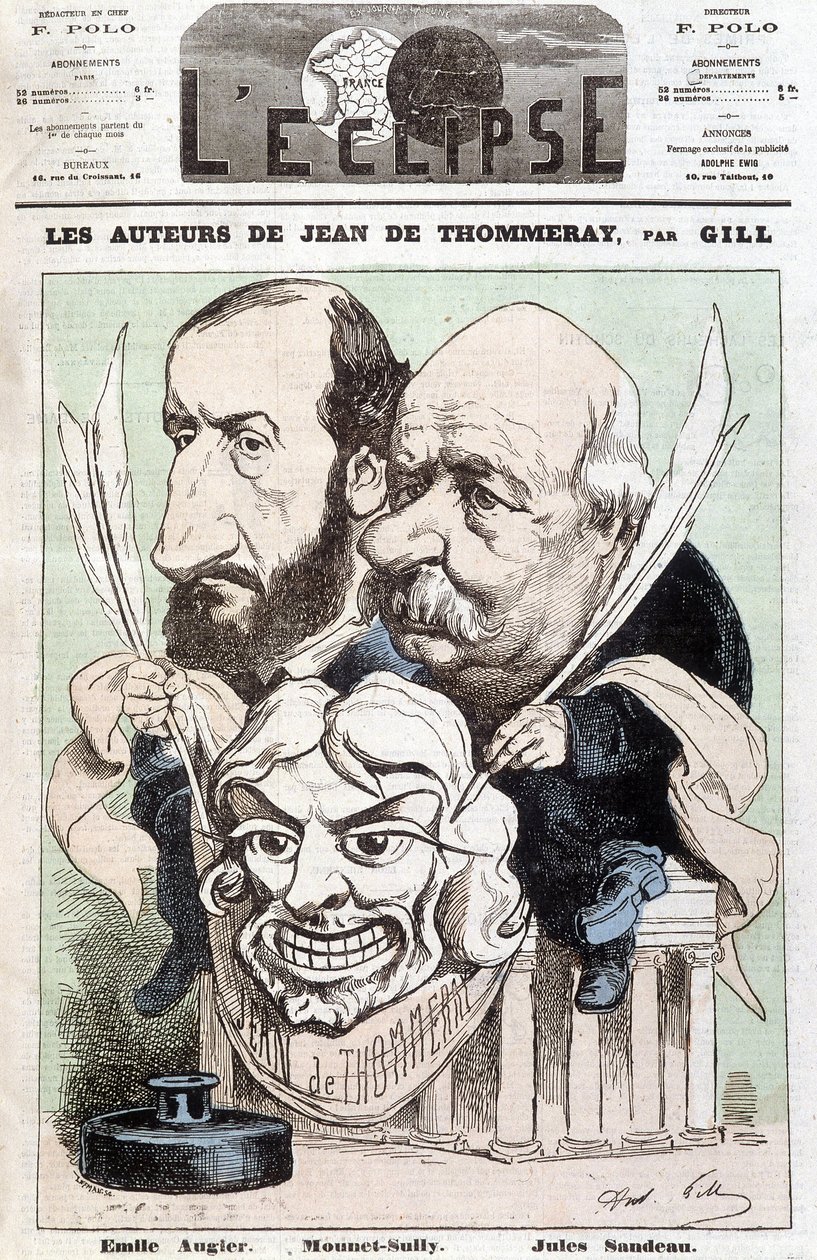 Porträtt av Emile AUGIER (1820-1889) och Jules SANDEAU (1811-1883), författare till pjäsen med titeln "" Jean de Pommeray", med en mask föreställande komikern Mounet-Sullys ansikte (Jean Sully Mounet, Mounet Sully) av Andre Gill