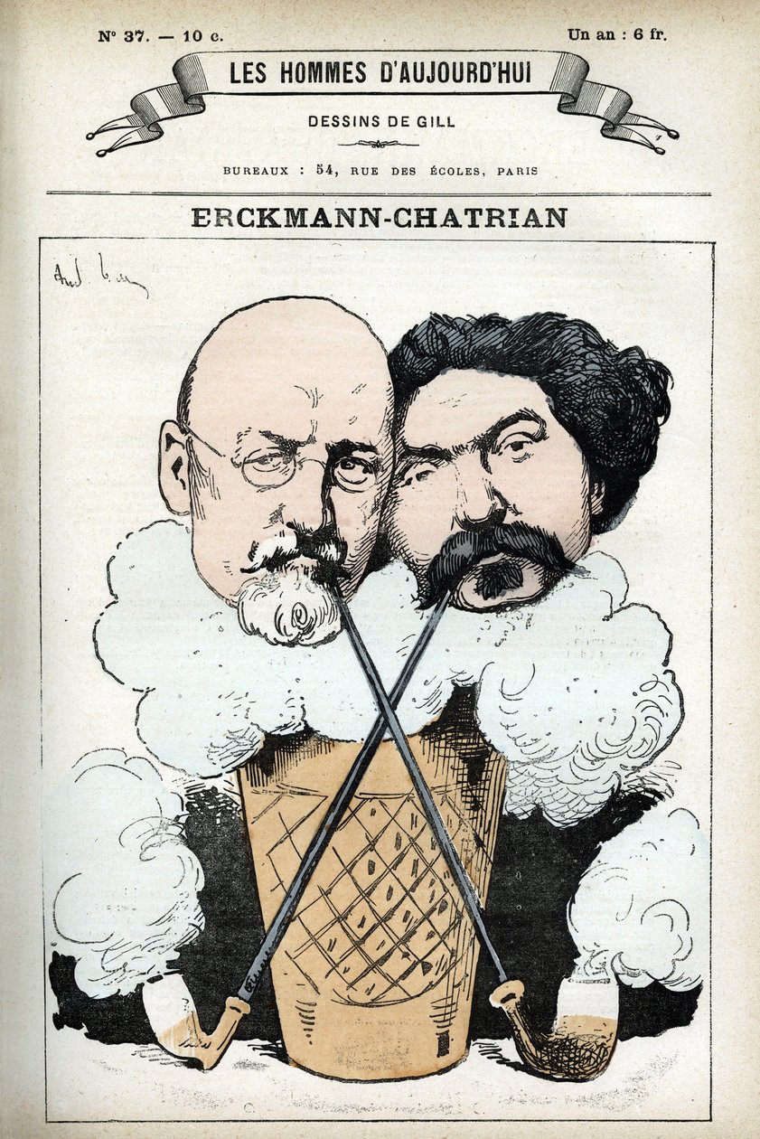 Porträtt av Emile Erckmann (1822-1899) och Alexandre Chatrian (1826-1890), franska romanförfattare. Tecknad av Gill, i "Les Homme d
