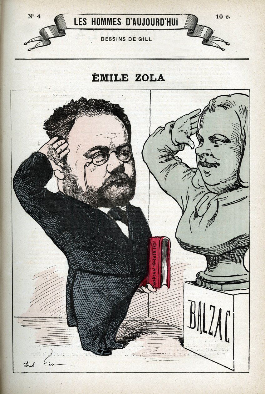 Porträtt av Emile Zola (1840-1902), fransk man av bokstaven. Karikatyr av Gill, Paris. av Andre Gill