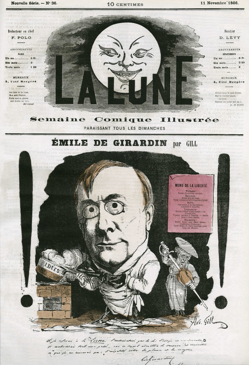 Porträtt av Emile de Girardin (1806-1881), fransk journalist. Tecknad av Gill, i "The Moon", 11 november av Andre Gill