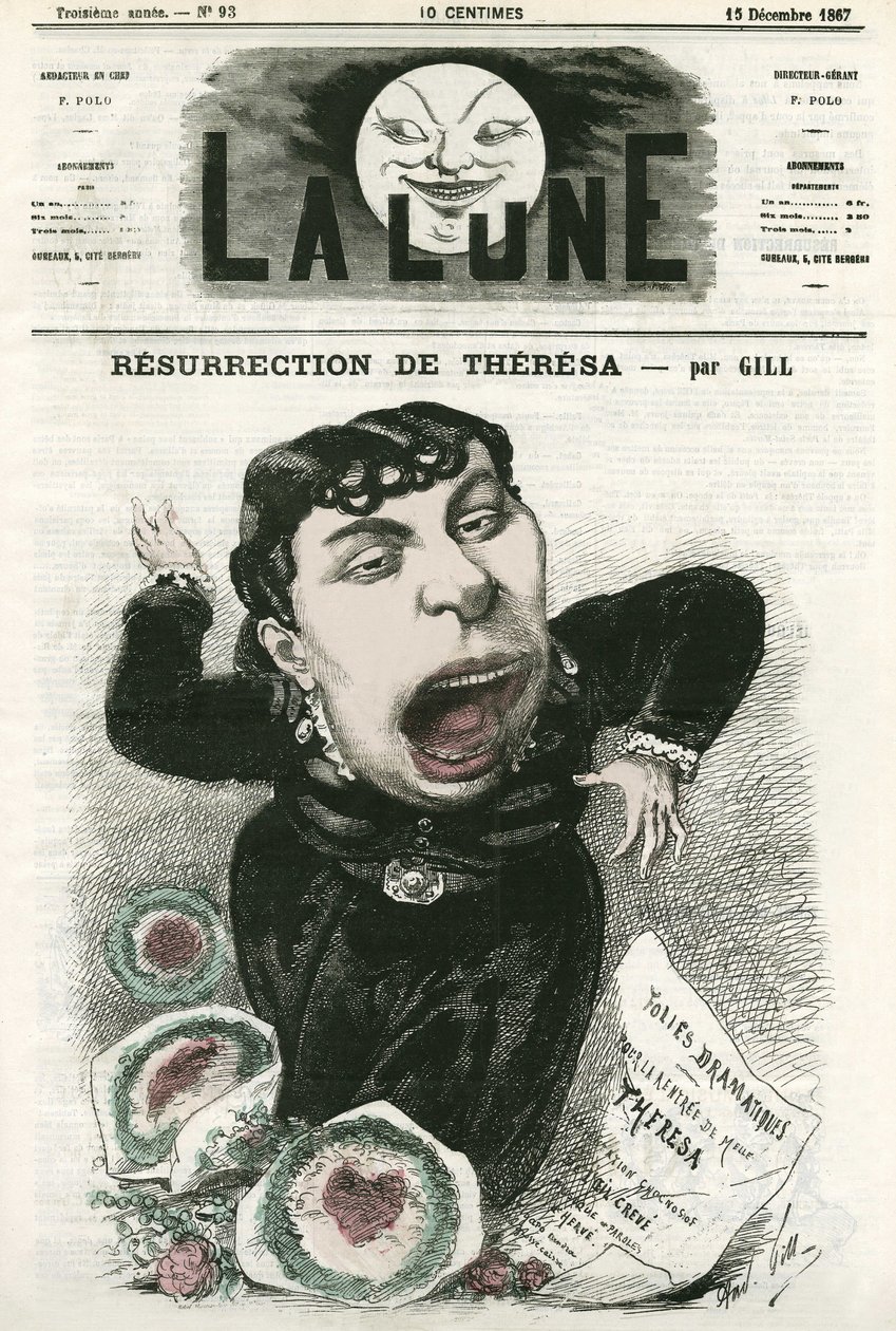 Porträtt av Emma Valladon dit Theresa (1837-1913), fransk operettsångerska. Tecknad av Gill, i "La Lune", 15 december av Andre Gill